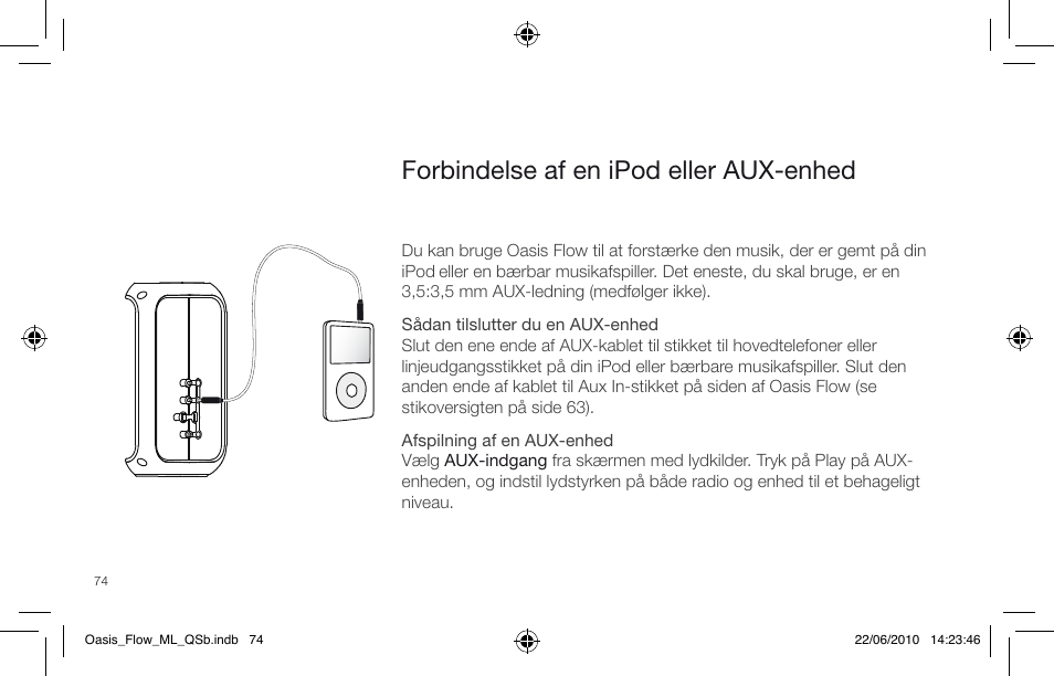 Forbindelse af en ipod eller aux-enhed | Pure Oasis Flow - Quick Start Guide User Manual | Page 74 / 92
