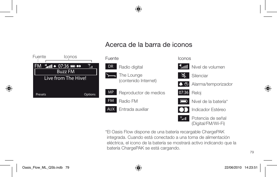 Acerca de la barra de iconos | Pure Oasis Flow - Quick Start Guide User Manual | Page 79 / 92