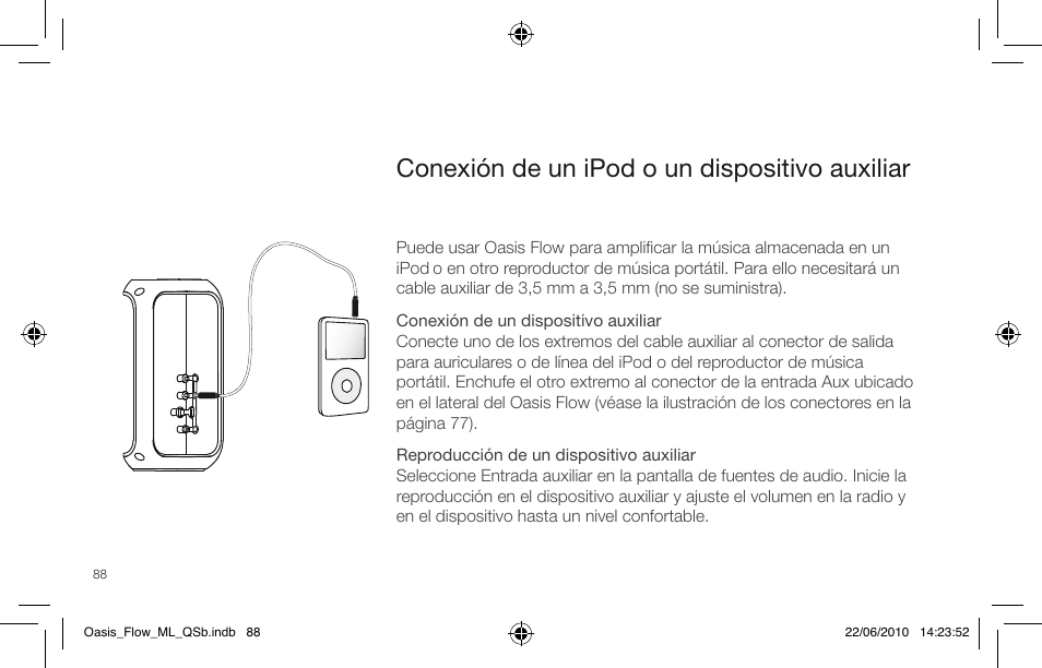 Conexión de un ipod o un dispositivo auxiliar | Pure Oasis Flow - Quick Start Guide User Manual | Page 88 / 92