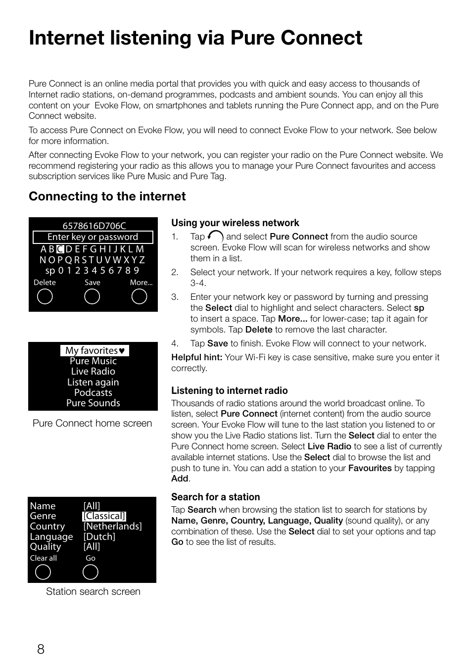 Internet listening via pure connect, Connecting to the internet | Pure Evoke Flow User Manual | Page 10 / 28