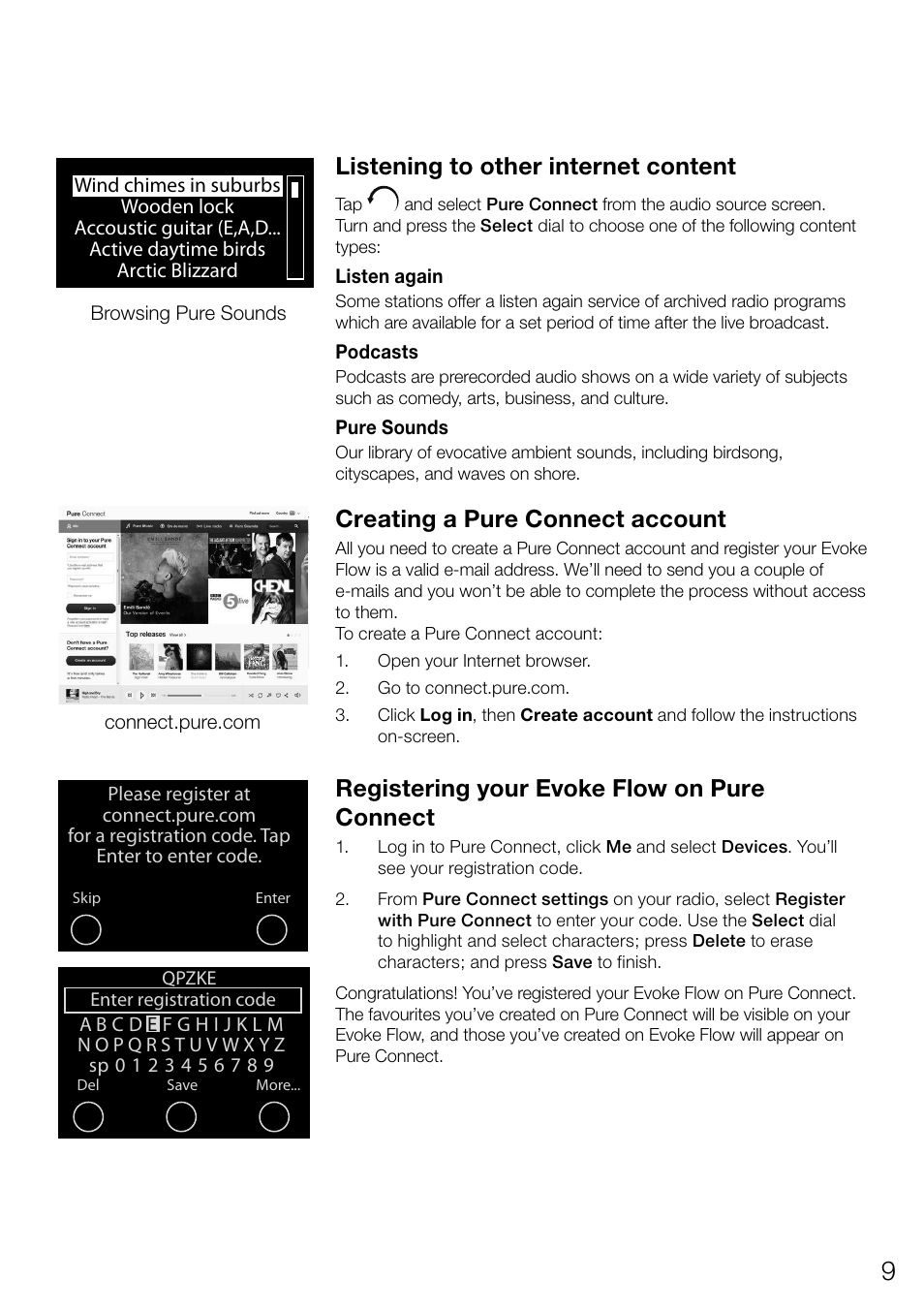 Listening to other internet content, Creating a pure connect account, Registering your evoke flow on pure connect | Pure Evoke Flow User Manual | Page 11 / 28