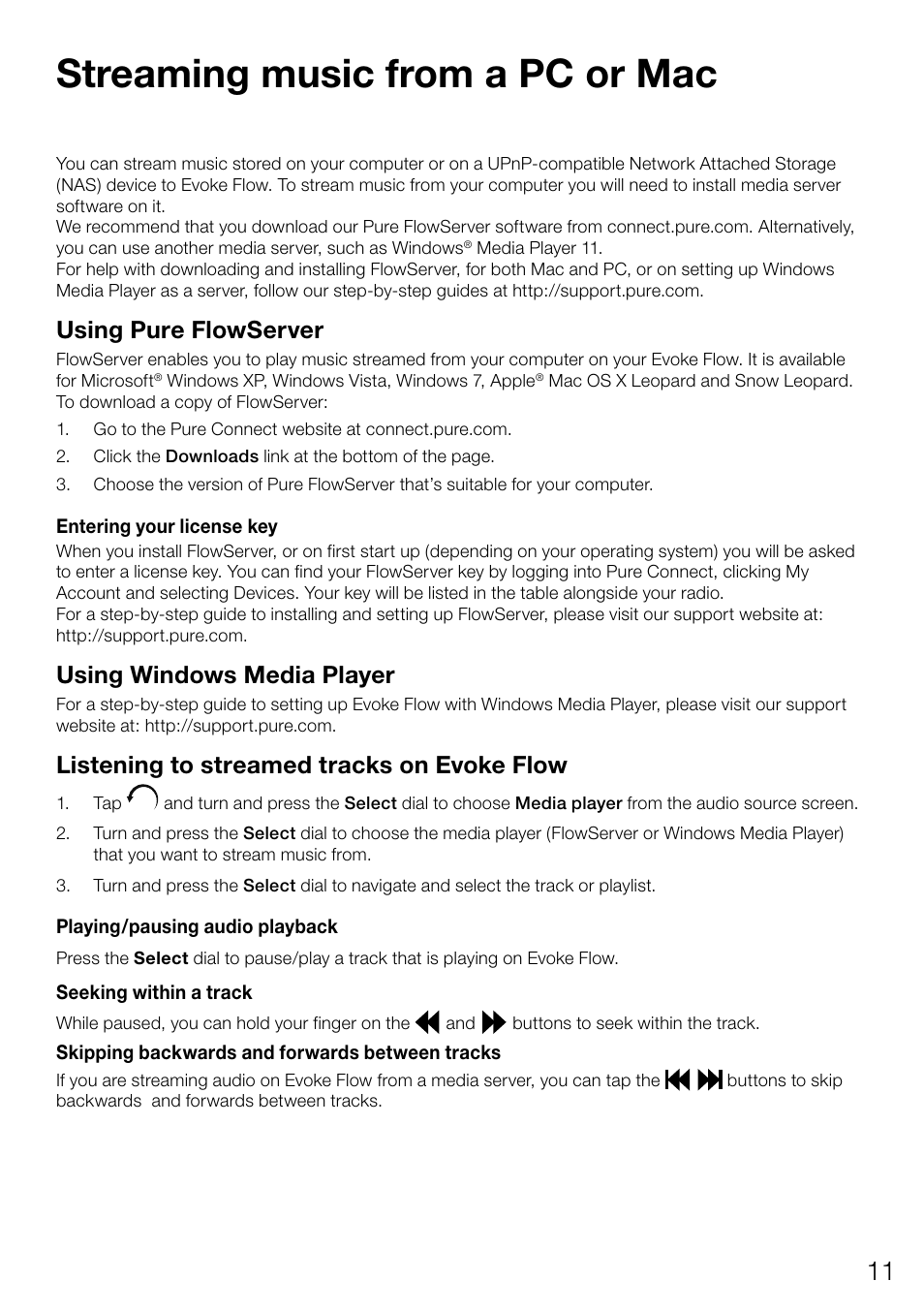 Streaming music from a pc or mac, Using pure flowserver, Using windows media player | Listening to streamed tracks on evoke flow | Pure Evoke Flow User Manual | Page 13 / 28