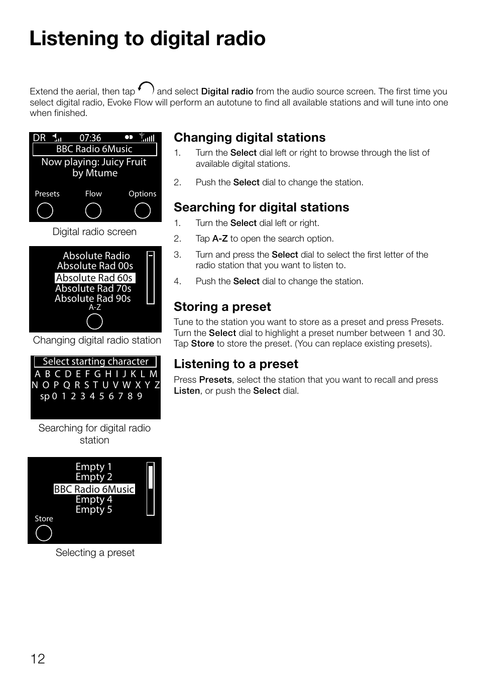 Listening to digital radio, Changing digital stations, Searching for digital stations | Storing a preset, Listening to a preset | Pure Evoke Flow User Manual | Page 14 / 28