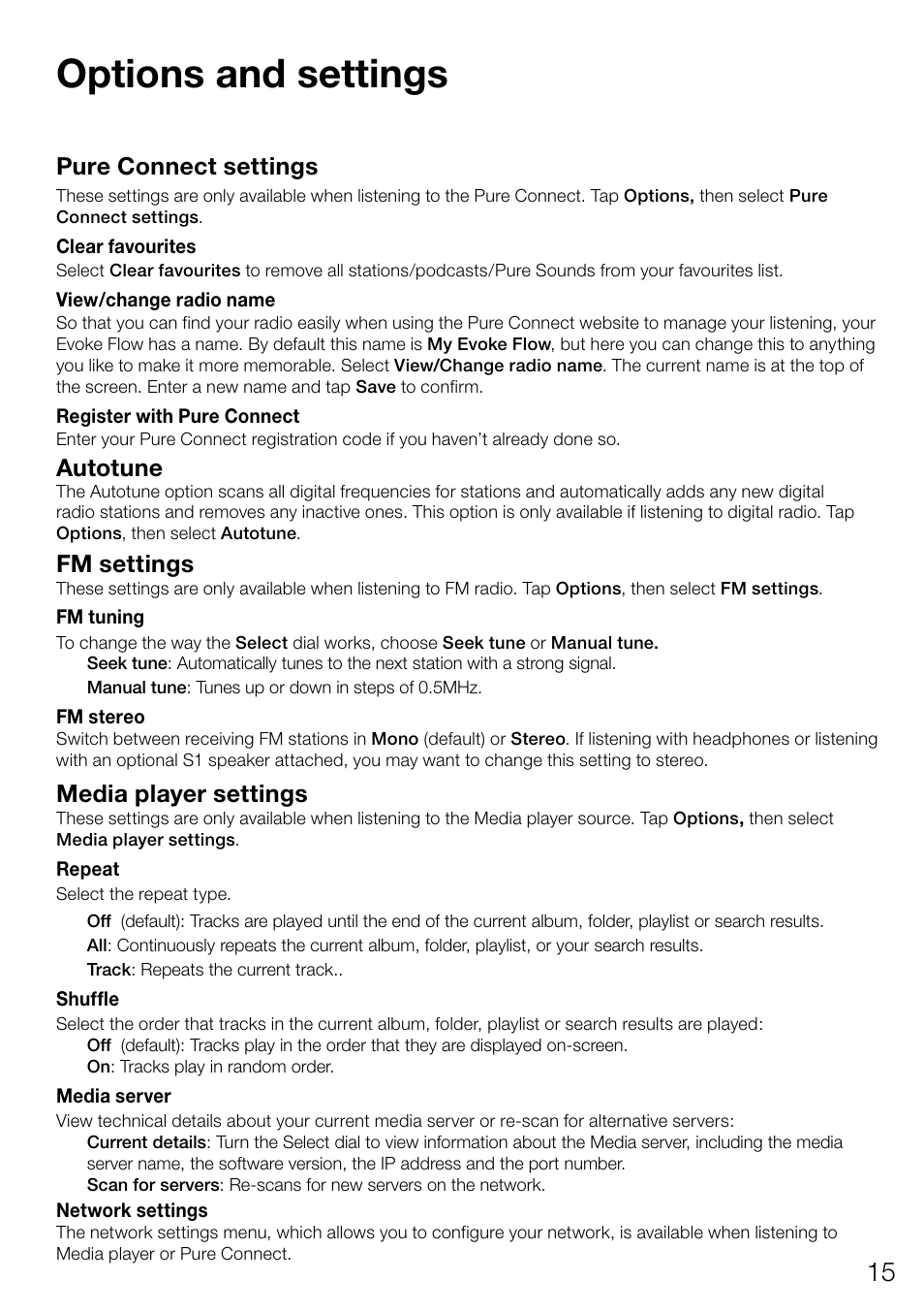 Options and settings, Pure connect settings, Autotune | Fm settings, Media player settings | Pure Evoke Flow User Manual | Page 17 / 28