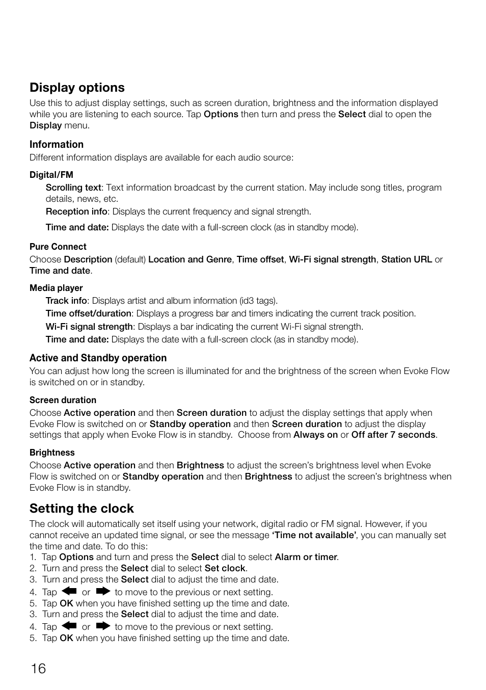 Display options, Setting the clock | Pure Evoke Flow User Manual | Page 18 / 28