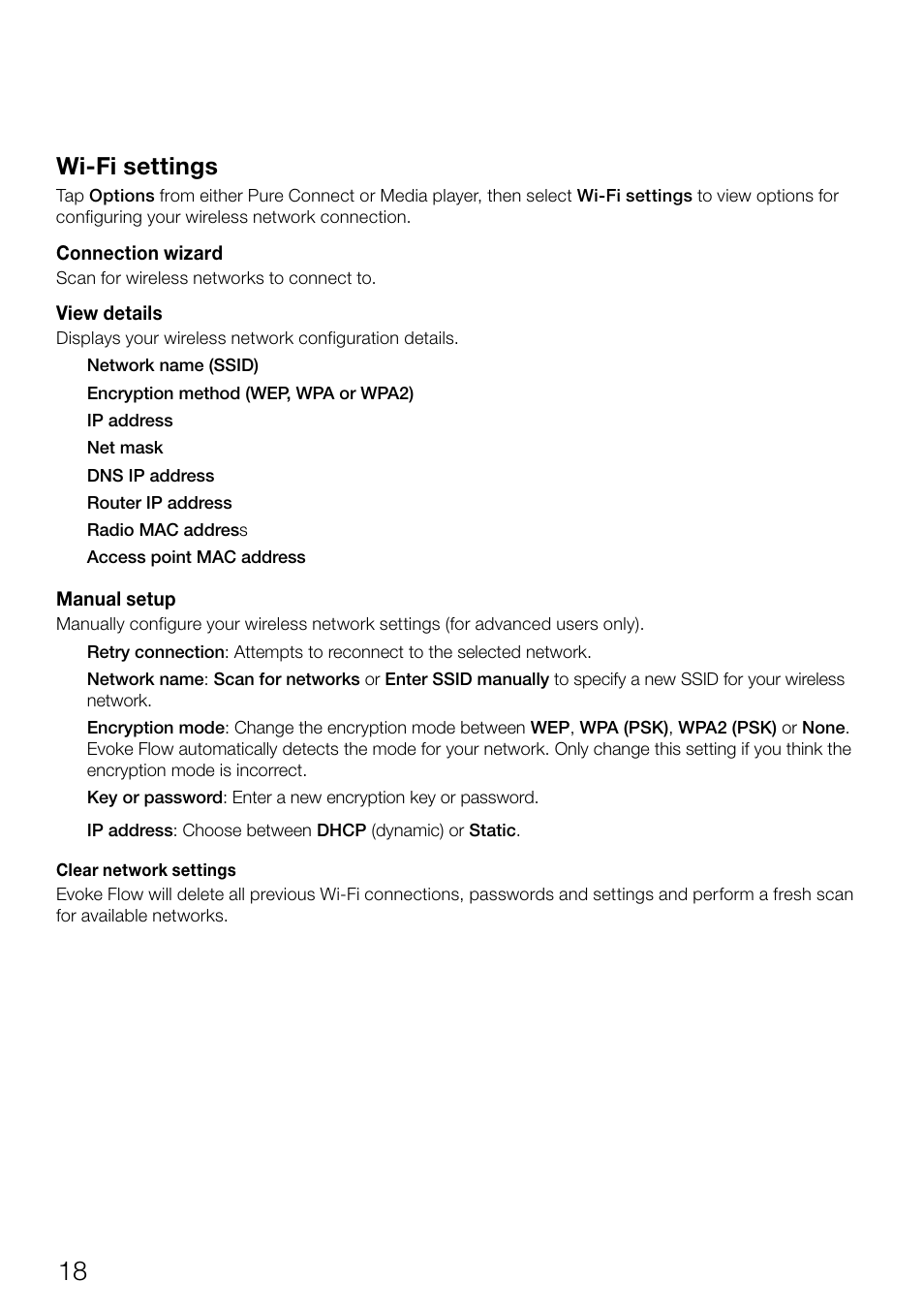 Wi-fi settings | Pure Evoke Flow User Manual | Page 20 / 28