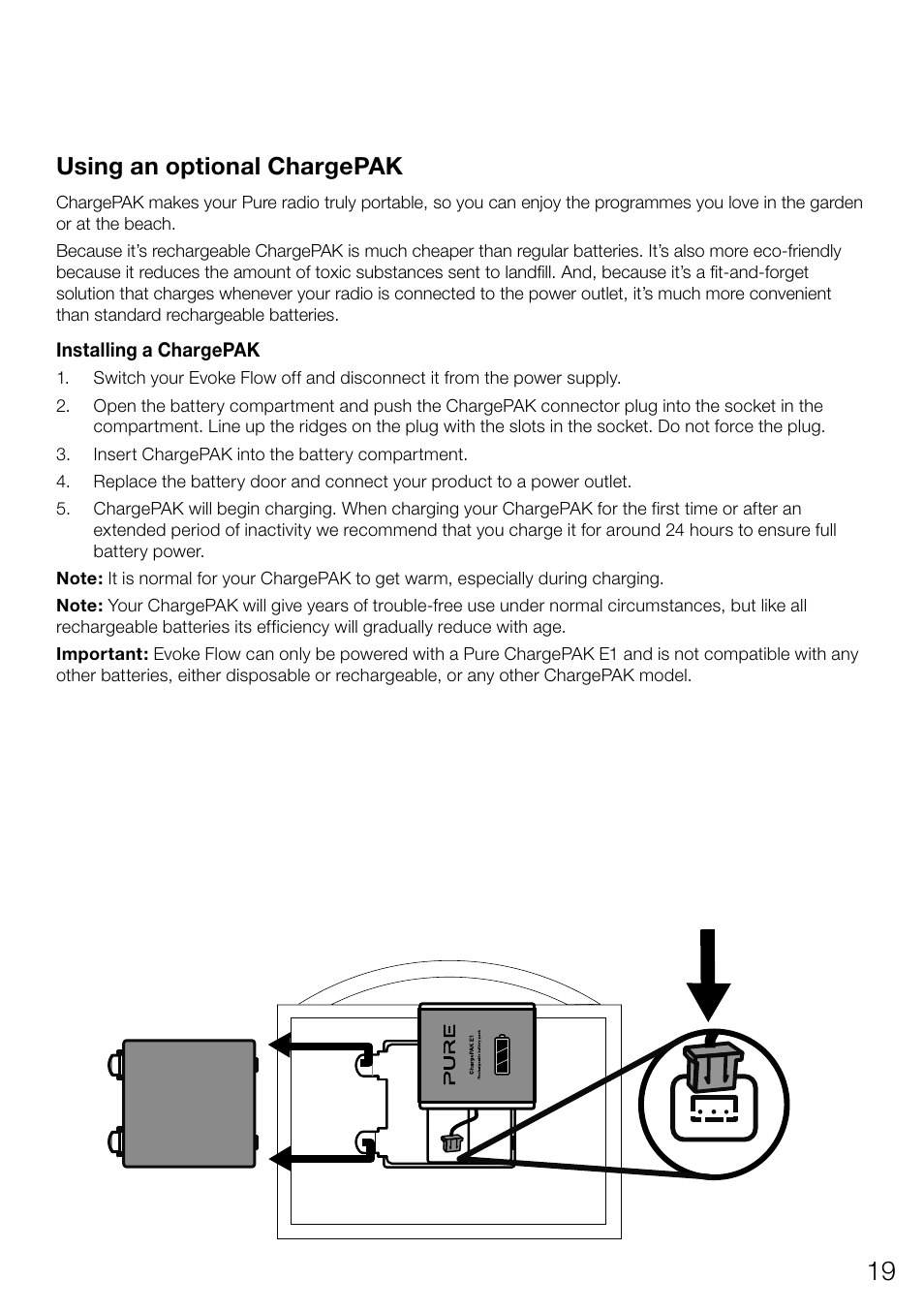 Using an optional chargepak | Pure Evoke Flow User Manual | Page 21 / 28