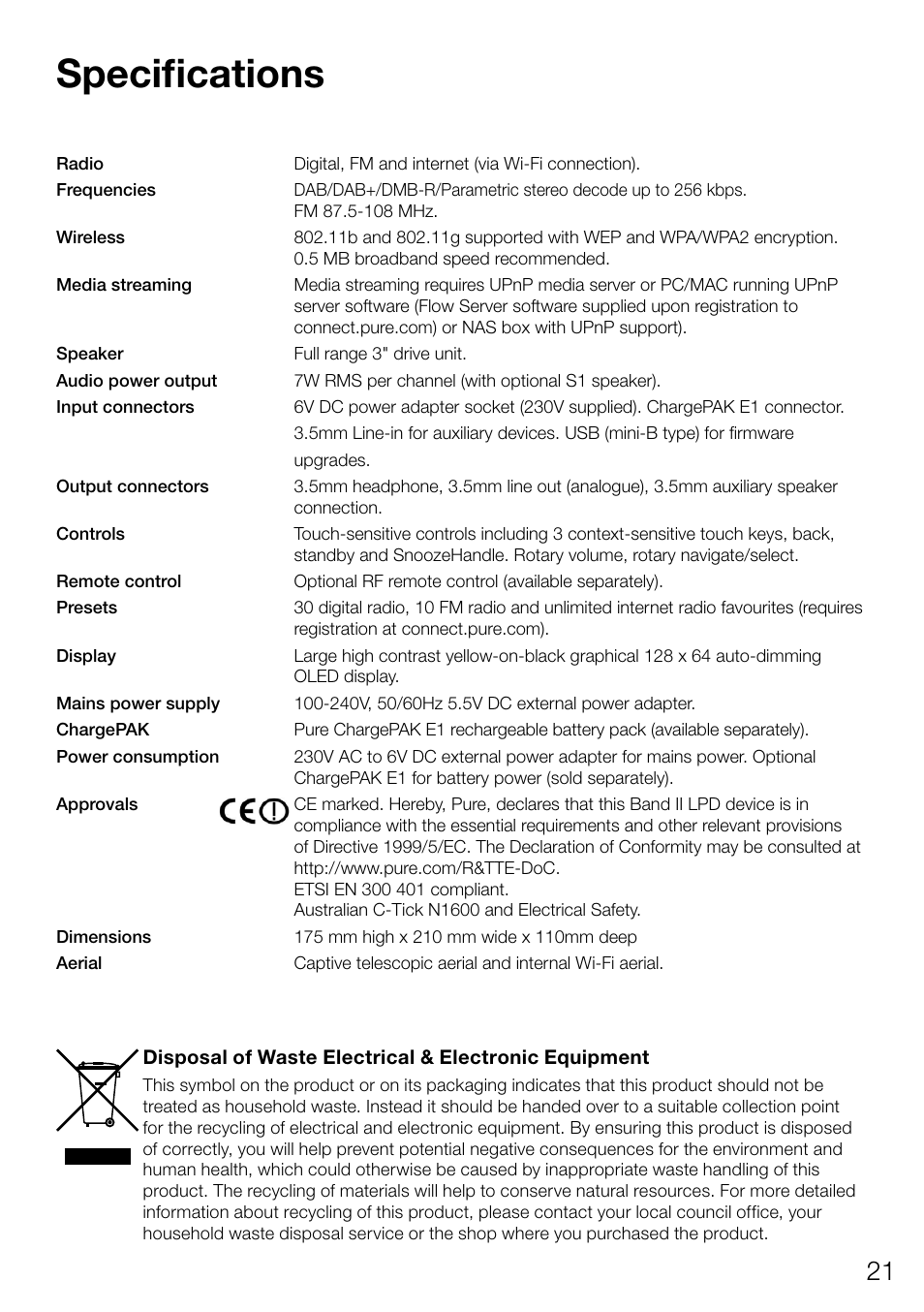 Specifications | Pure Evoke Flow User Manual | Page 23 / 28