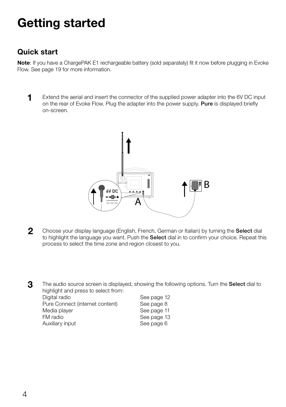 Getting started, Quick start | Pure Evoke Flow User Manual | Page 6 / 28