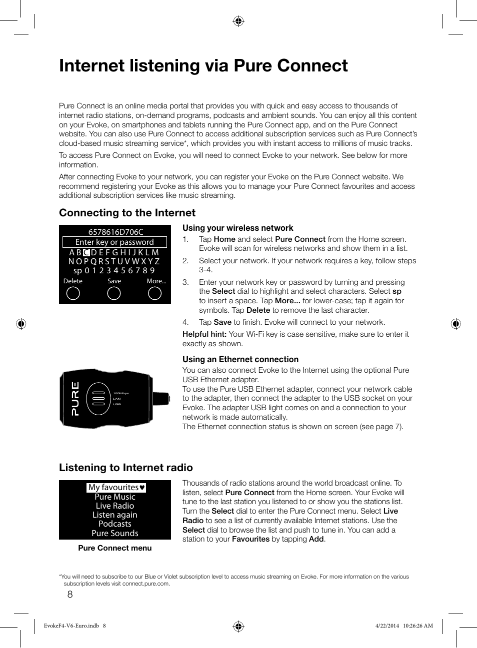 Internet listening via pure connect, Connecting to the internet, Listening to internet radio | Pure Evoke F4 with Bluetooth User Manual | Page 10 / 164