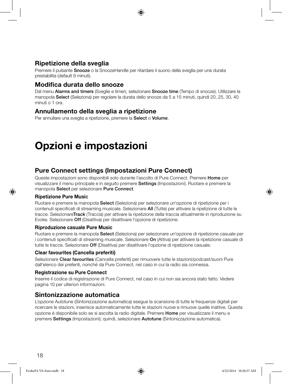 Opzioni e impostazioni, Ripetizione della sveglia, Modifica durata dello snooze | Annullamento della sveglia a ripetizione, Pure connect settings (impostazioni pure connect), Sintonizzazione automatica | Pure Evoke F4 with Bluetooth User Manual | Page 100 / 164