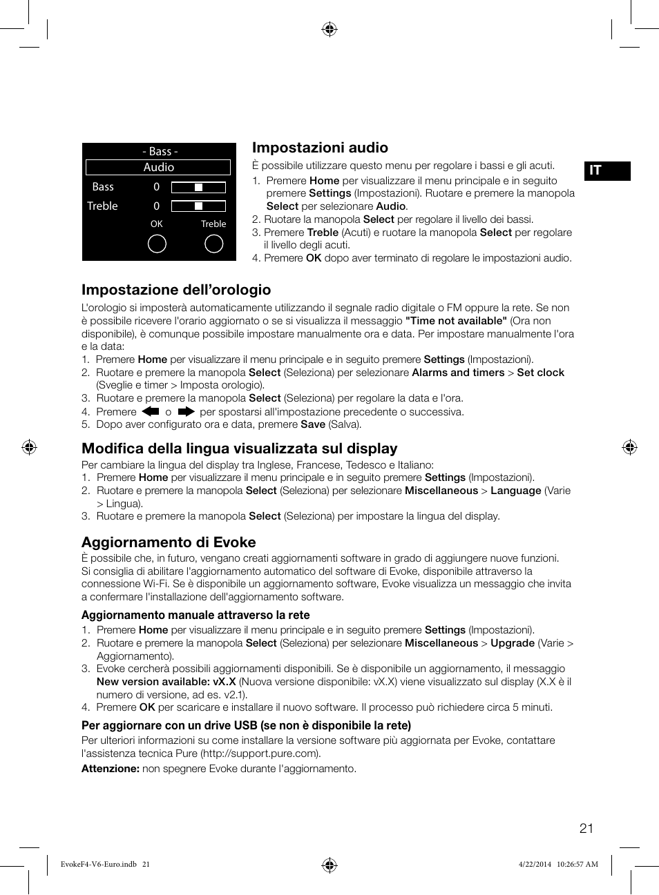 Impostazione dell’orologio, Modifica della lingua visualizzata sul display, Impostazioni audio | Aggiornamento di evoke | Pure Evoke F4 with Bluetooth User Manual | Page 103 / 164