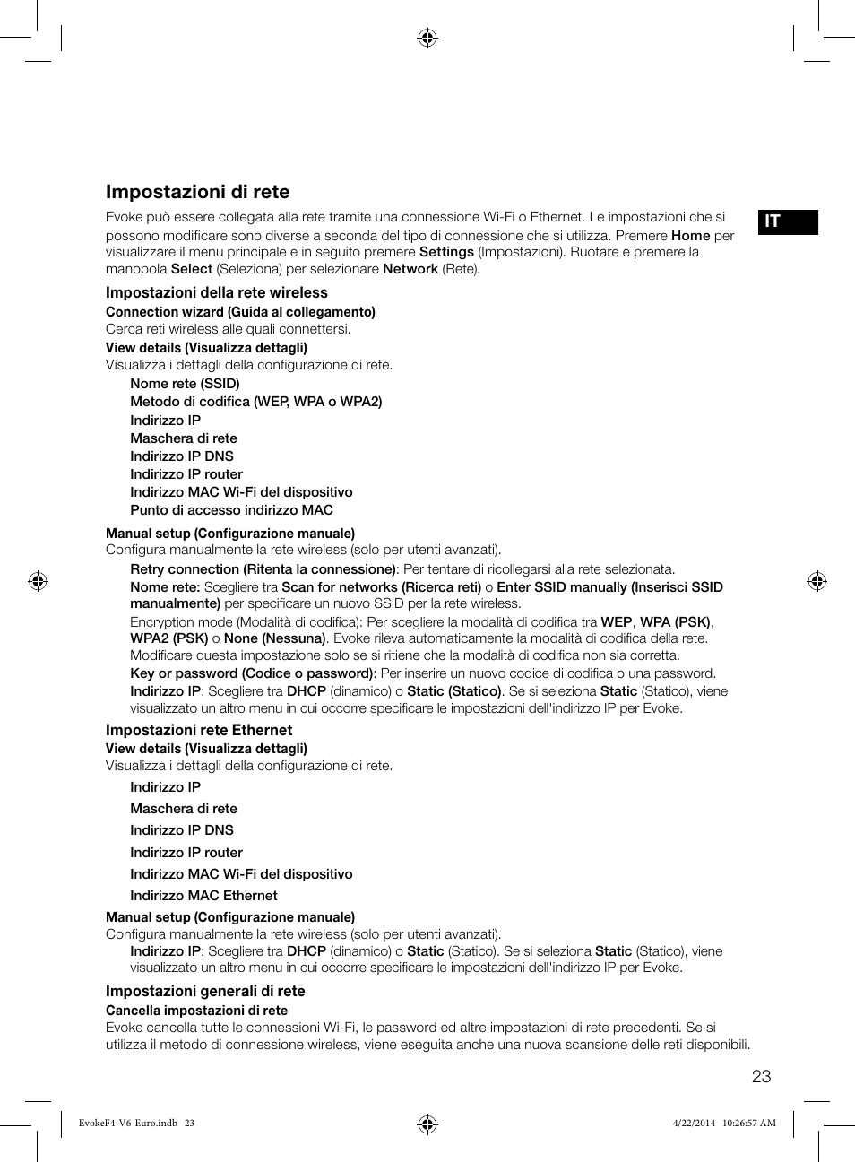 Impostazioni di rete, It 23 | Pure Evoke F4 with Bluetooth User Manual | Page 105 / 164