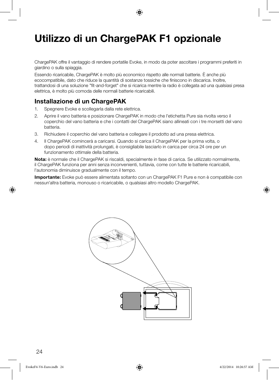 Utilizzo di un chargepak f1 opzionale, Installazione di un chargepak | Pure Evoke F4 with Bluetooth User Manual | Page 106 / 164