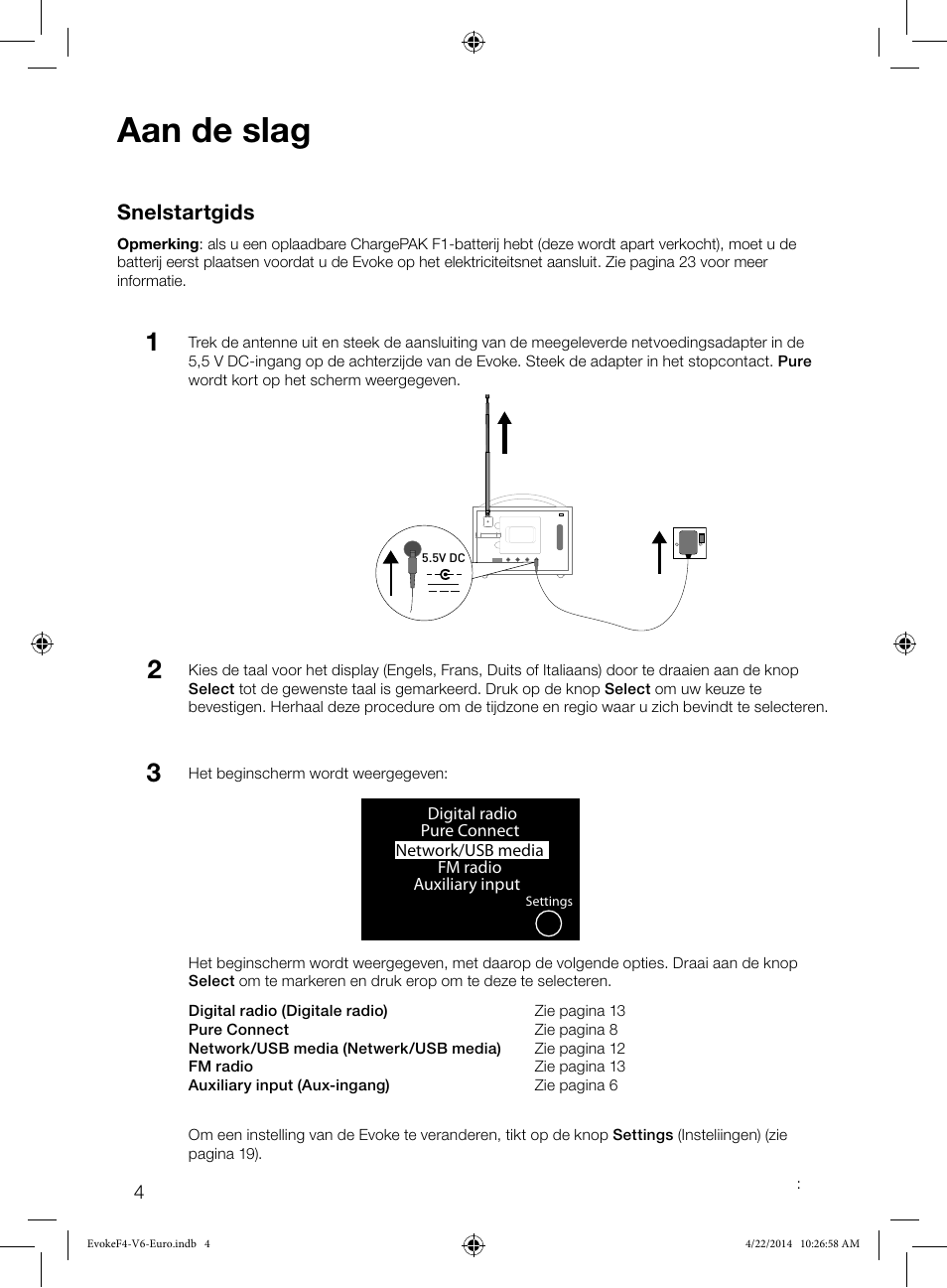 Aan de slag, Snelstartgids | Pure Evoke F4 with Bluetooth User Manual | Page 114 / 164