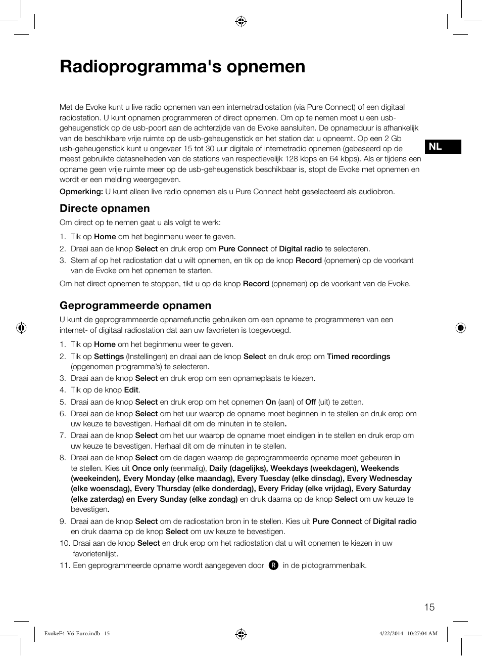 Radioprogramma's opnemen, Directe opnamen, Geprogrammeerde opnamen | Pure Evoke F4 with Bluetooth User Manual | Page 125 / 164