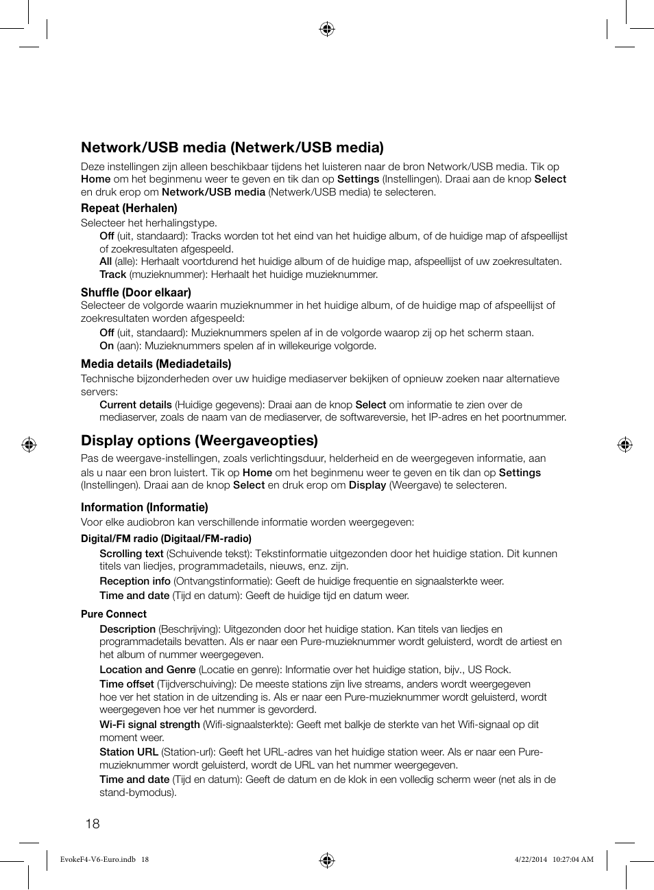 Network/usb media (netwerk/usb media), Display options (weergaveopties) | Pure Evoke F4 with Bluetooth User Manual | Page 128 / 164