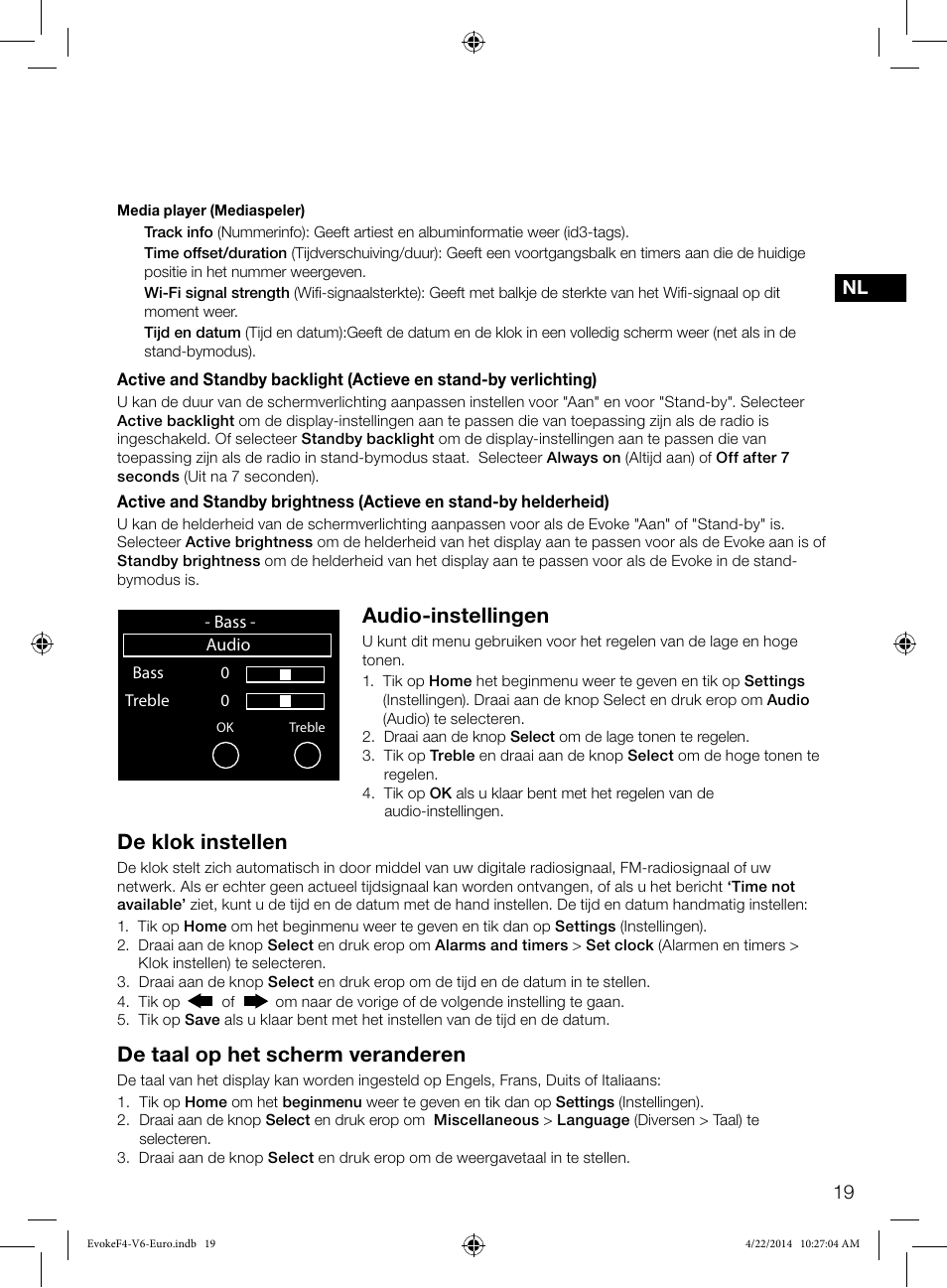 De klok instellen, De taal op het scherm veranderen, Audio-instellingen | Pure Evoke F4 with Bluetooth User Manual | Page 129 / 164