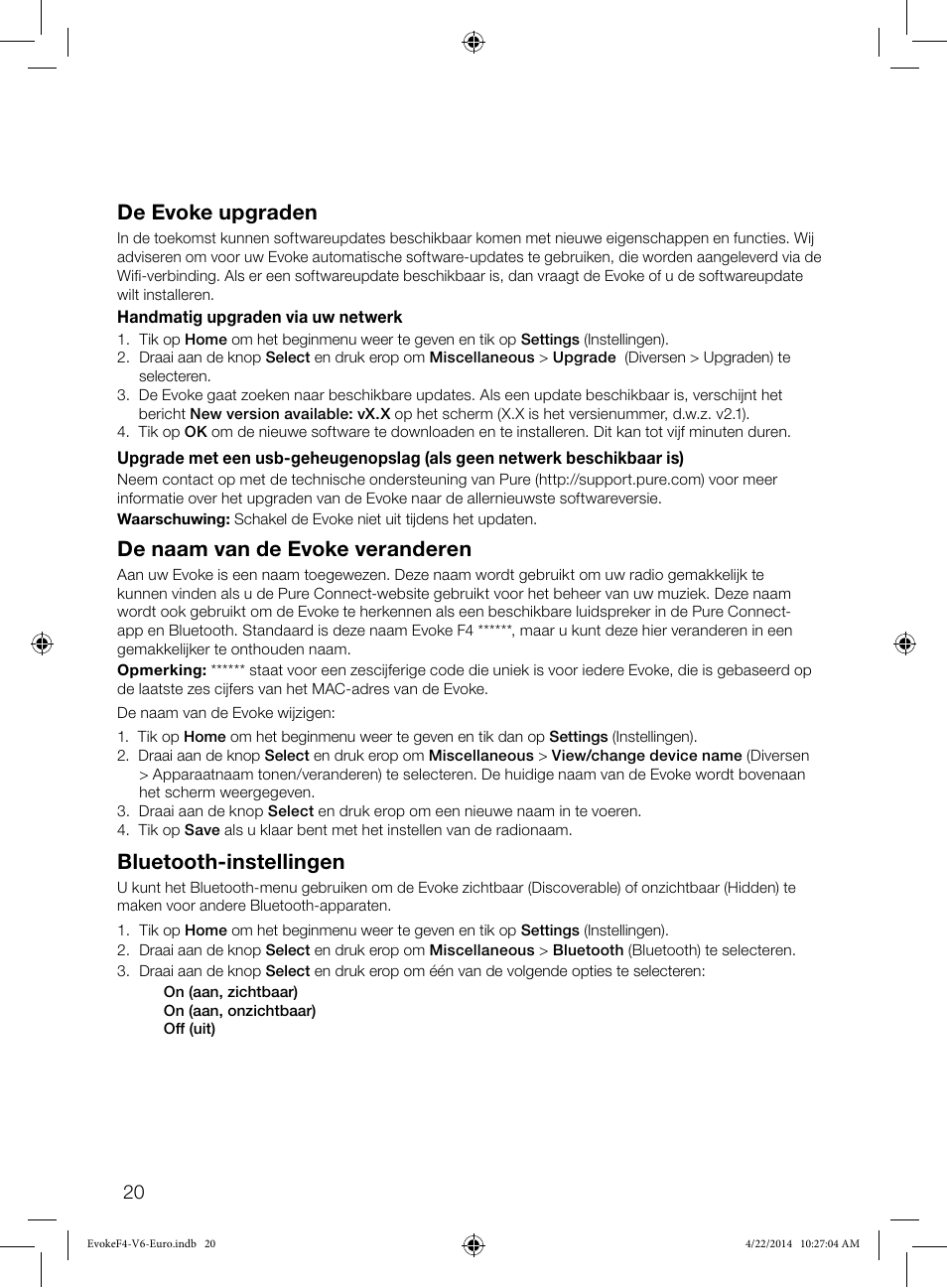 De evoke upgraden, De naam van de evoke veranderen, Bluetooth-instellingen | Pure Evoke F4 with Bluetooth User Manual | Page 130 / 164