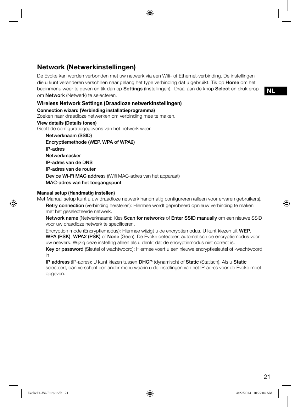 Network (netwerkinstellingen), 21 nl | Pure Evoke F4 with Bluetooth User Manual | Page 131 / 164