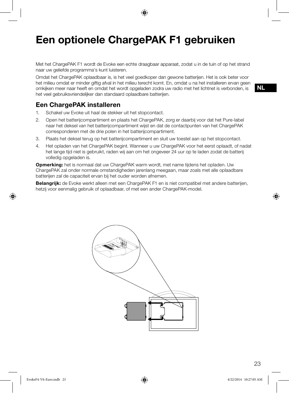 Een optionele chargepak f1 gebruiken, Een chargepak installeren | Pure Evoke F4 with Bluetooth User Manual | Page 133 / 164