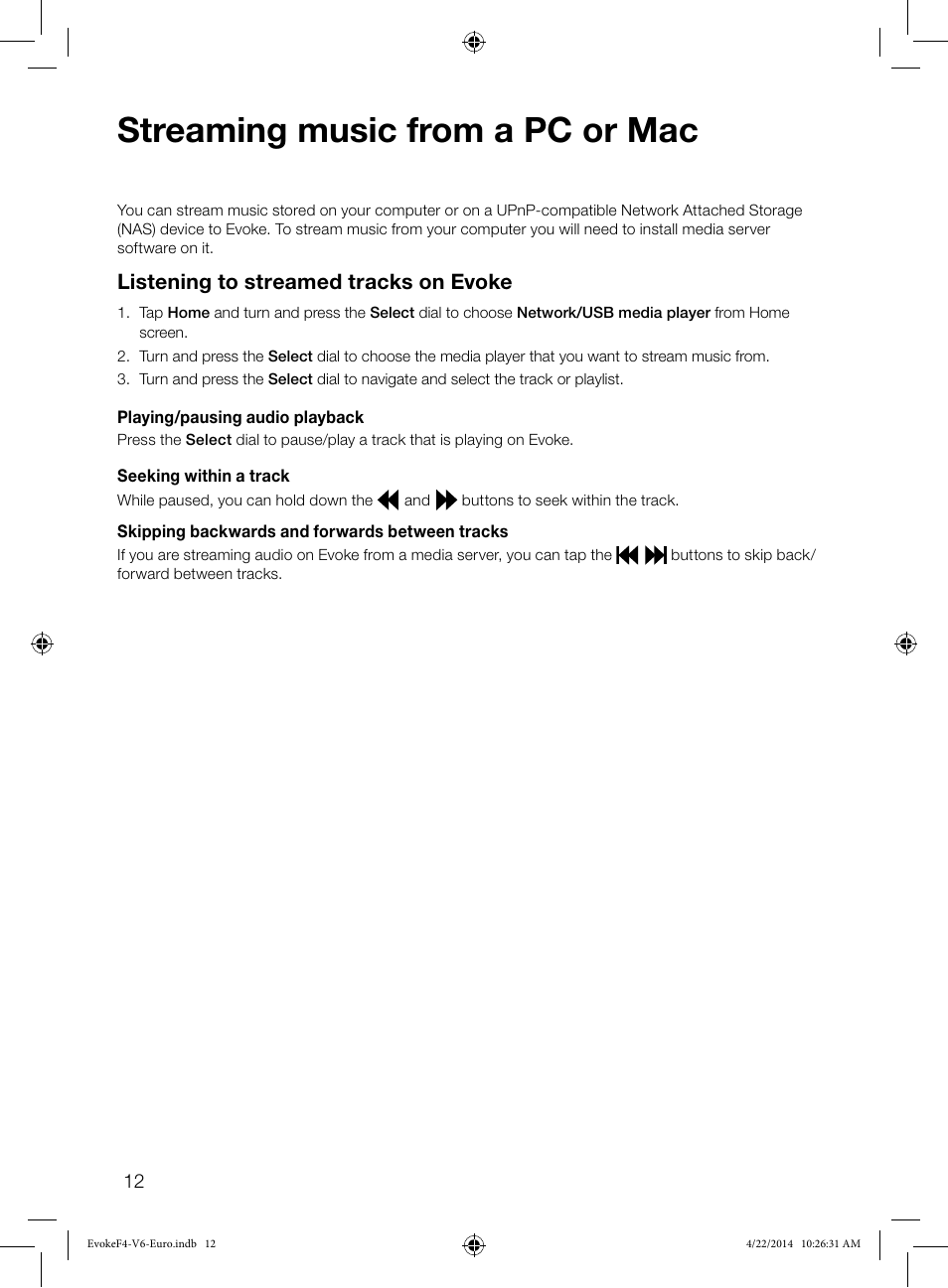 Streaming music from a pc or mac, Listening to streamed tracks on evoke | Pure Evoke F4 with Bluetooth User Manual | Page 14 / 164