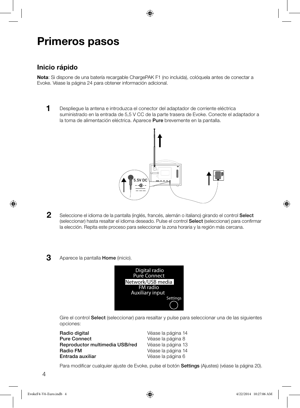 Primeros pasos, Inicio rápido | Pure Evoke F4 with Bluetooth User Manual | Page 140 / 164