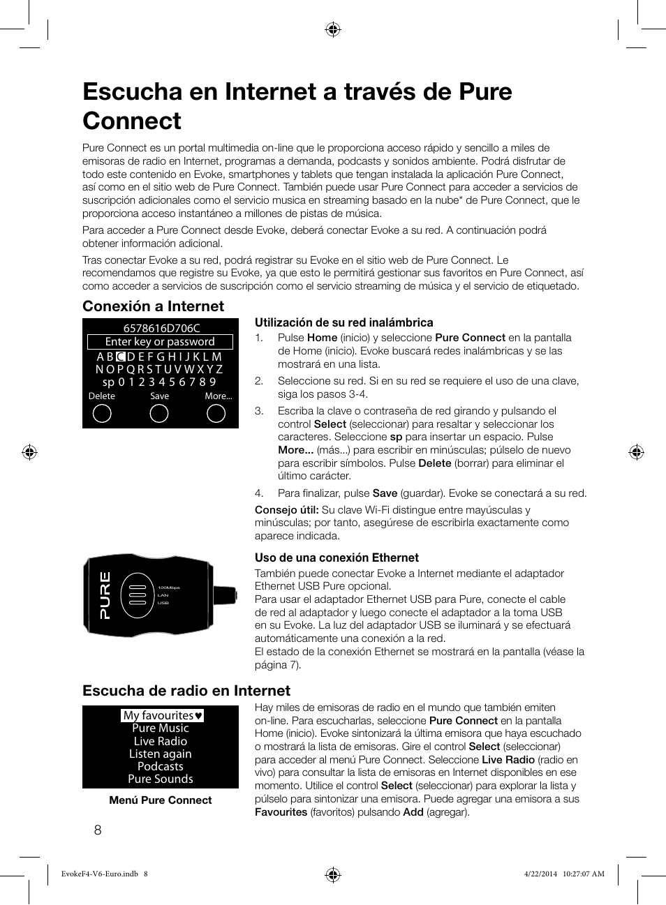 Escucha en internet a través de pure connect, Conexión a internet, Escucha de radio en internet | Pure Evoke F4 with Bluetooth User Manual | Page 144 / 164