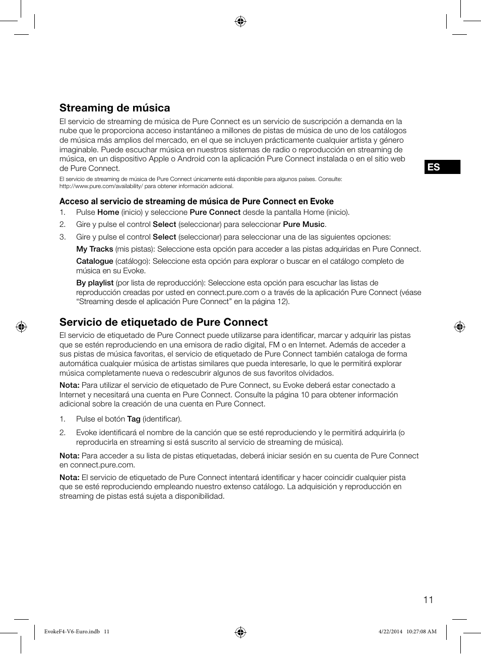 Streaming de música, Servicio de etiquetado de pure connect | Pure Evoke F4 with Bluetooth User Manual | Page 147 / 164