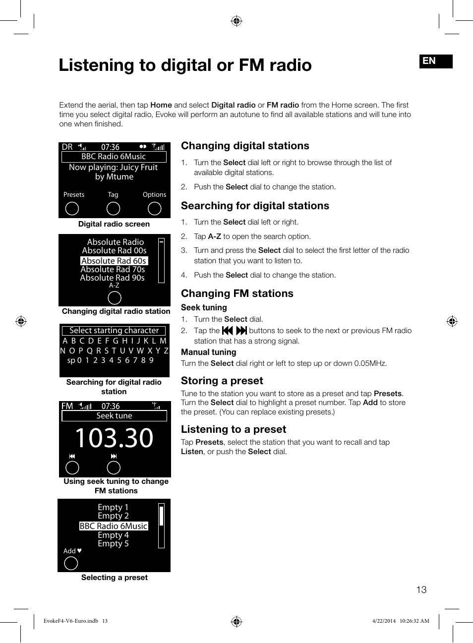 Listening to digital or fm radio, Changing digital stations, Searching for digital stations | Changing fm stations, Storing a preset, Listening to a preset | Pure Evoke F4 with Bluetooth User Manual | Page 15 / 164