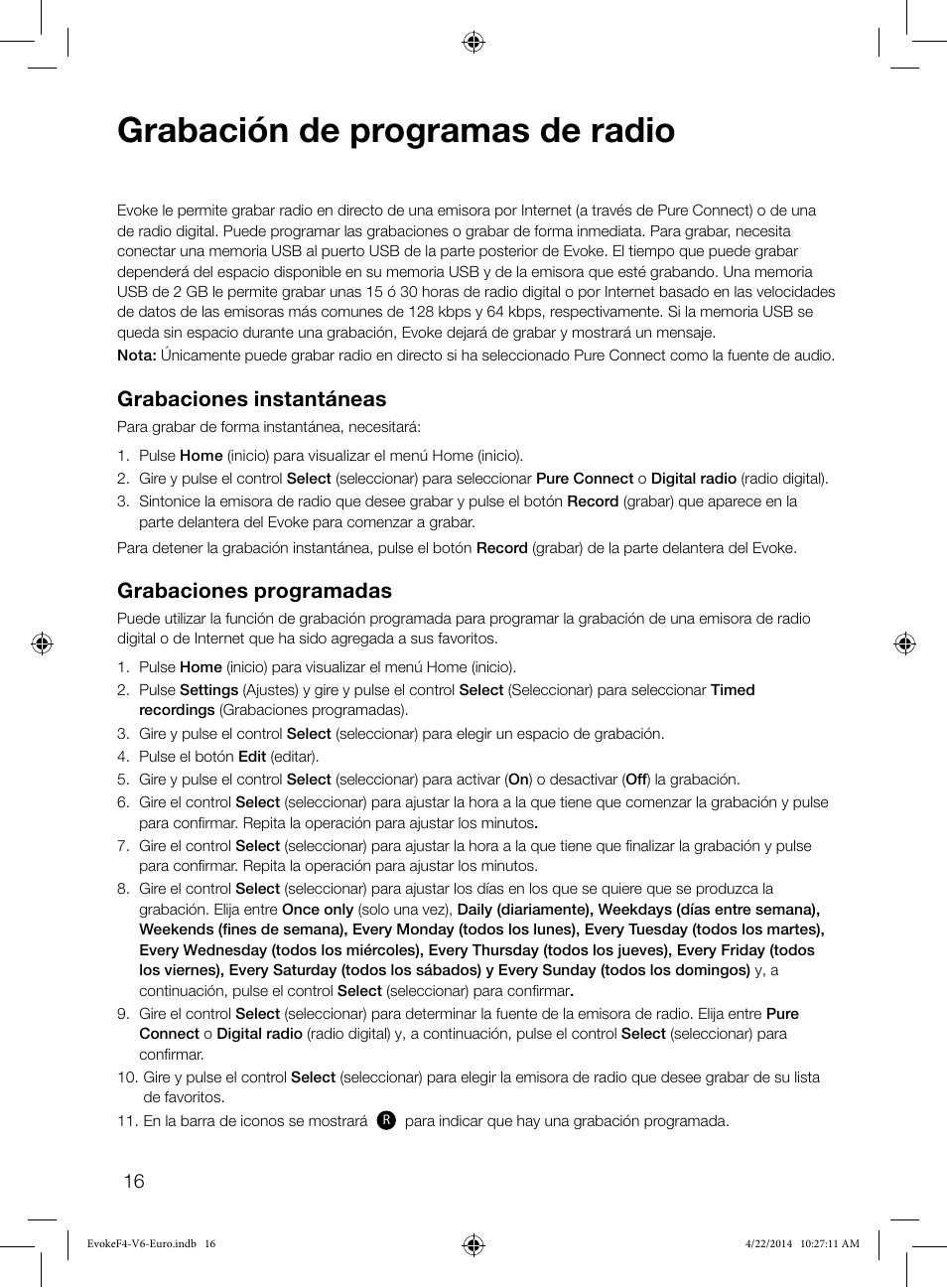 Grabación de programas de radio, Grabaciones instantáneas, Grabaciones programadas | Pure Evoke F4 with Bluetooth User Manual | Page 152 / 164