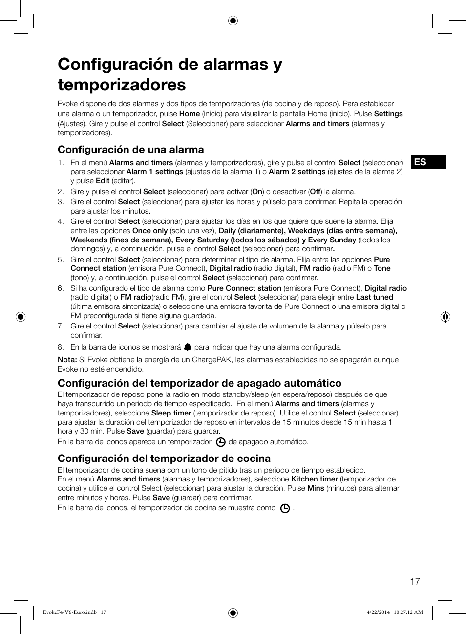 Configuración de alarmas y temporizadores, Configuración de una alarma, Configuración del temporizador de cocina | Pure Evoke F4 with Bluetooth User Manual | Page 153 / 164