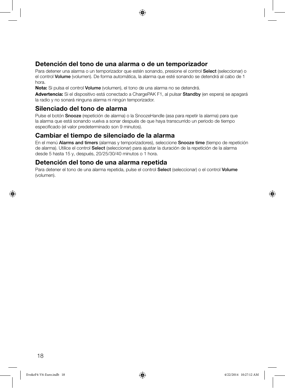 Silenciado del tono de alarma, Cambiar el tiempo de silenciado de la alarma, Detención del tono de una alarma repetida | Pure Evoke F4 with Bluetooth User Manual | Page 154 / 164