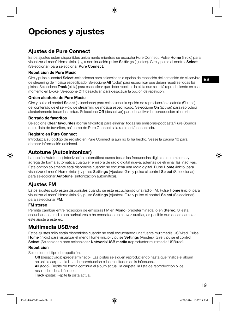 Opciones y ajustes, Ajustes de pure connect, Autotune (autosintonizar) | Ajustes fm, Multimedia usb/red | Pure Evoke F4 with Bluetooth User Manual | Page 155 / 164