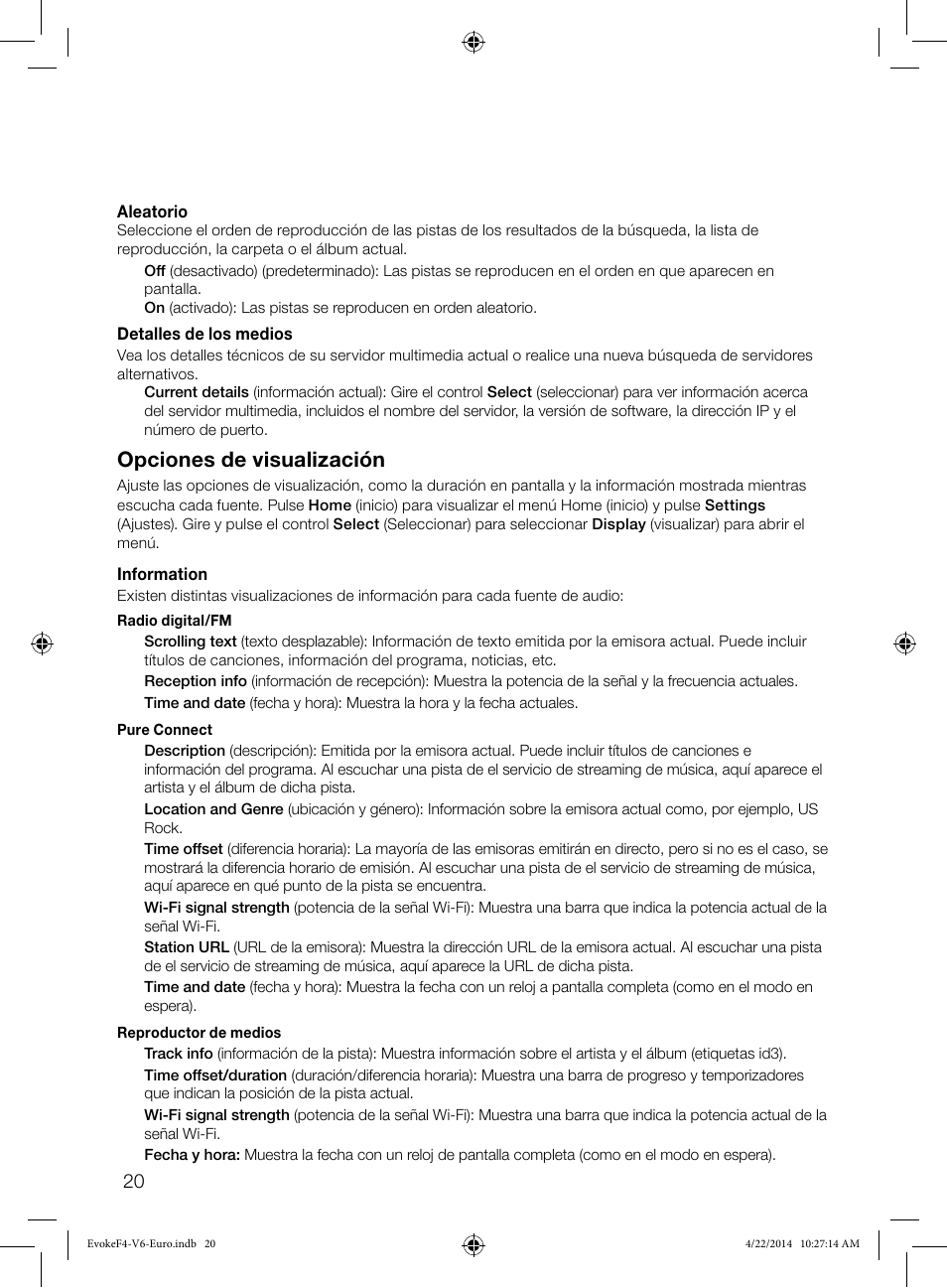 Opciones de visualización | Pure Evoke F4 with Bluetooth User Manual | Page 156 / 164