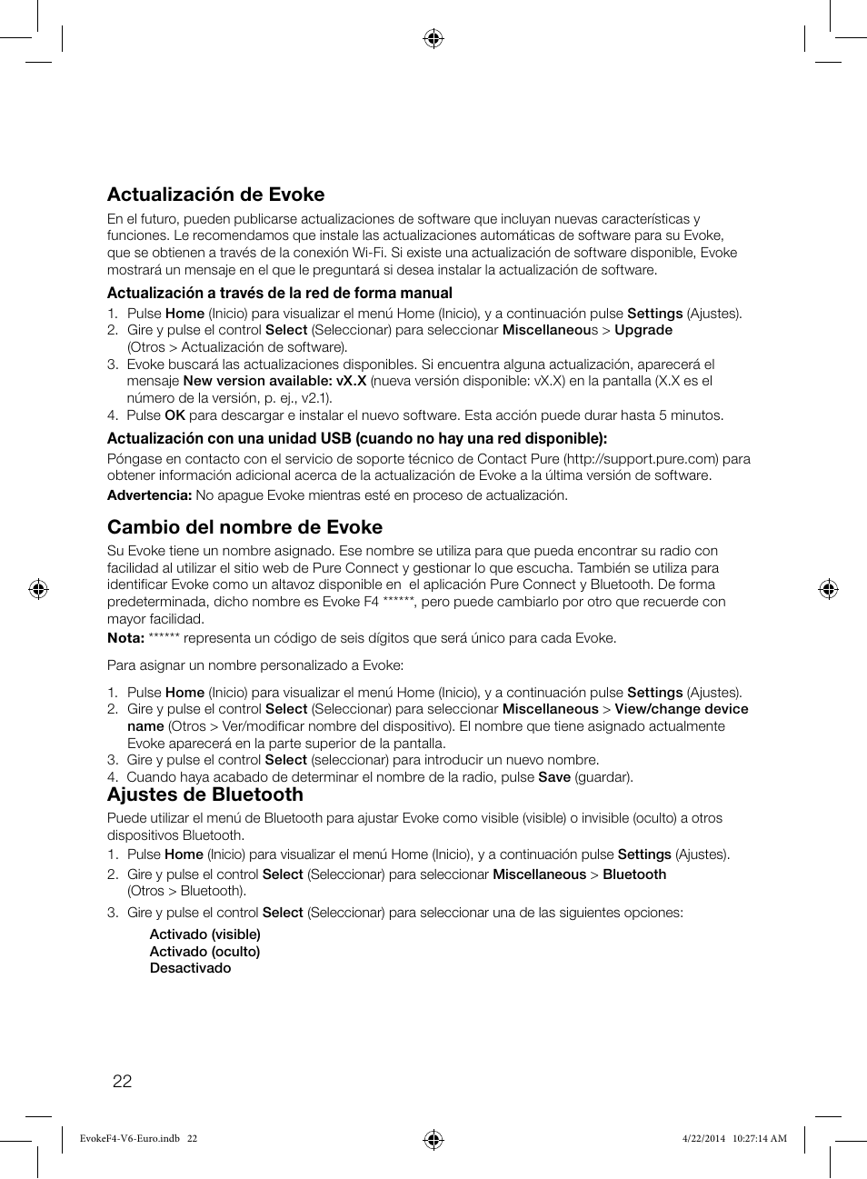 Actualización de evoke, Cambio del nombre de evoke, Ajustes de bluetooth | Pure Evoke F4 with Bluetooth User Manual | Page 158 / 164