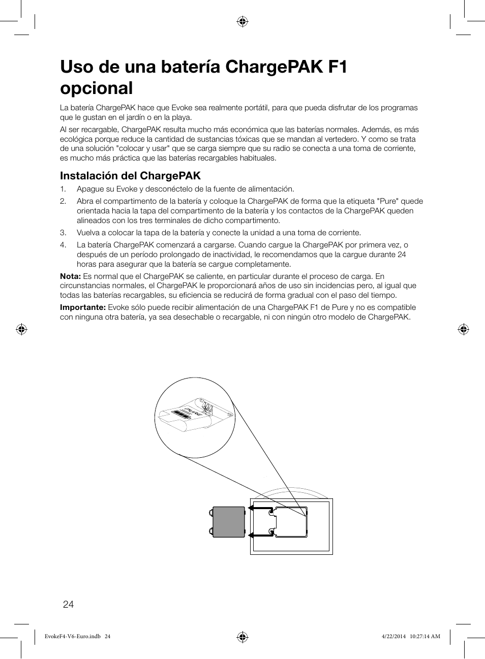 Uso de una batería chargepak f1 opcional | Pure Evoke F4 with Bluetooth User Manual | Page 160 / 164