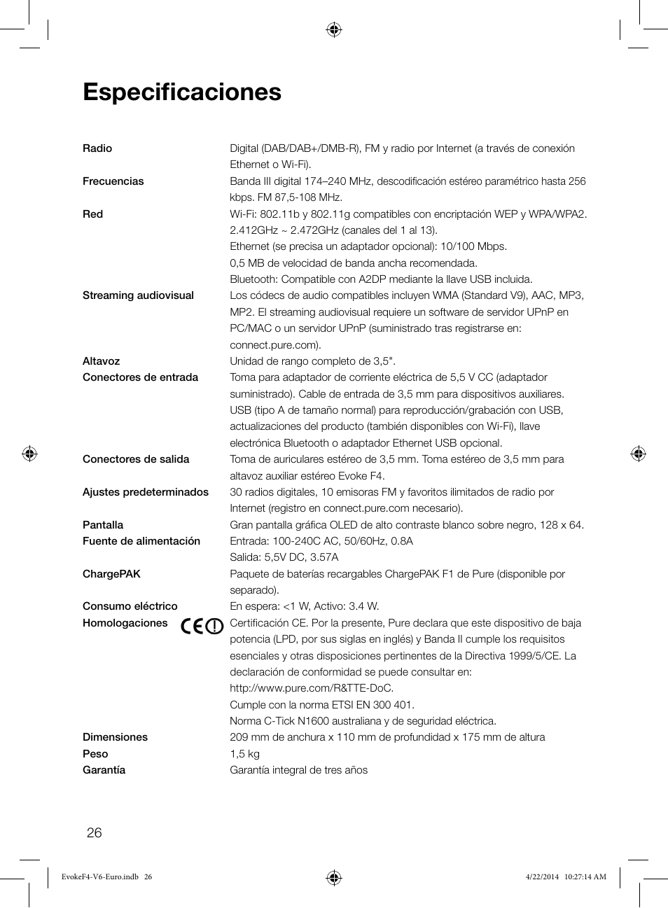 Especificaciones | Pure Evoke F4 with Bluetooth User Manual | Page 162 / 164