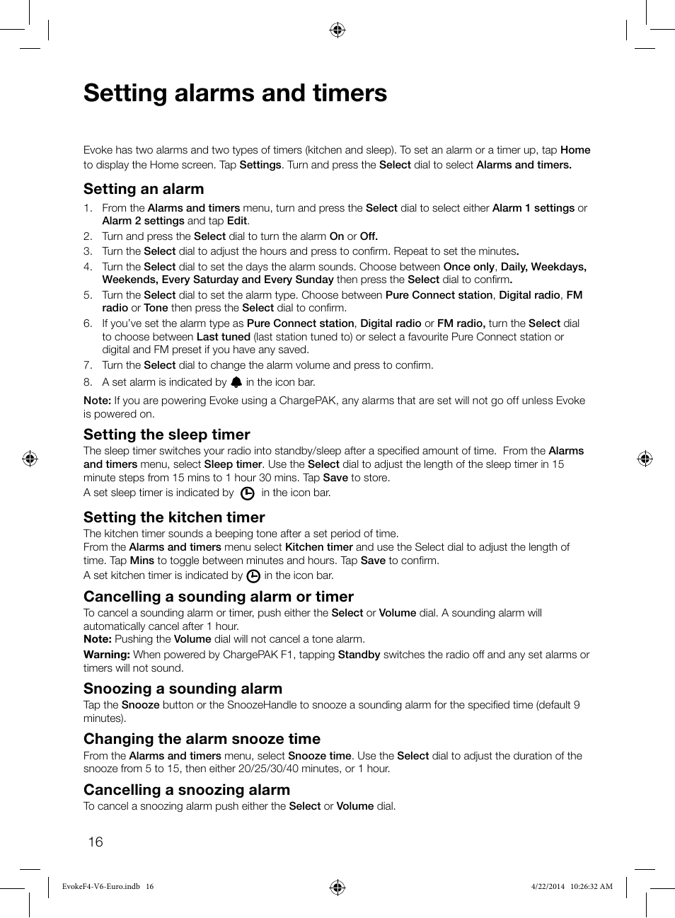 Setting alarms and timers, Setting an alarm, Setting the sleep timer | Setting the kitchen timer, Cancelling a sounding alarm or timer, Snoozing a sounding alarm, Changing the alarm snooze time, Cancelling a snoozing alarm | Pure Evoke F4 with Bluetooth User Manual | Page 18 / 164