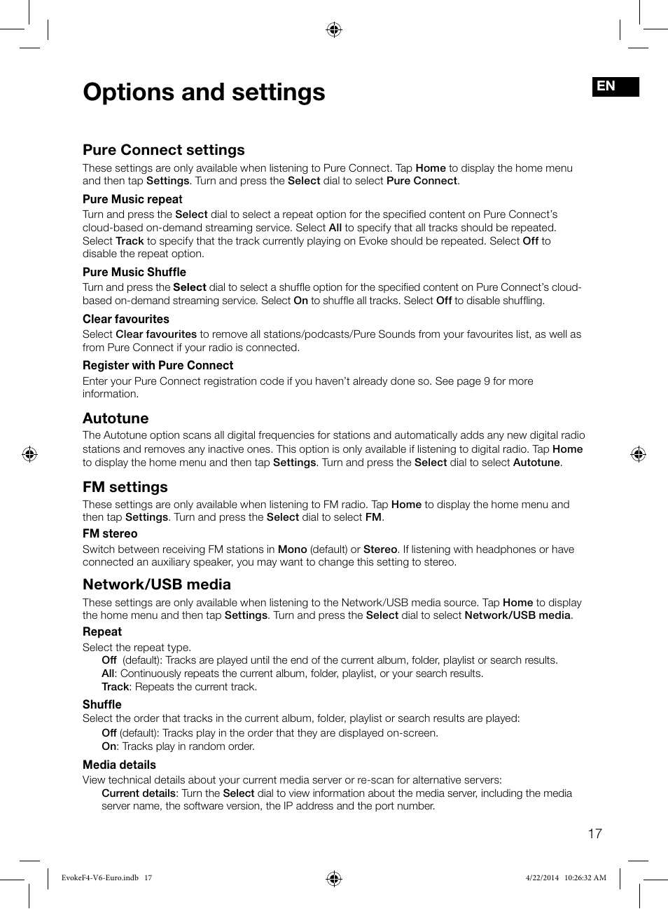 Options and settings, Pure connect settings, Autotune | Fm settings, Network/usb media | Pure Evoke F4 with Bluetooth User Manual | Page 19 / 164