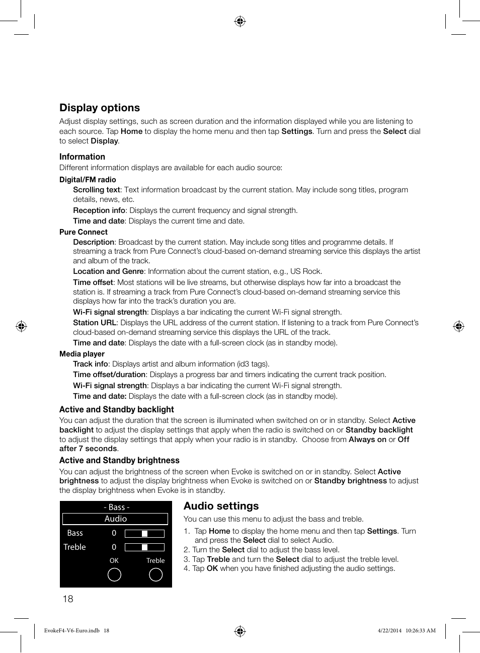 Display options, Audio settings | Pure Evoke F4 with Bluetooth User Manual | Page 20 / 164