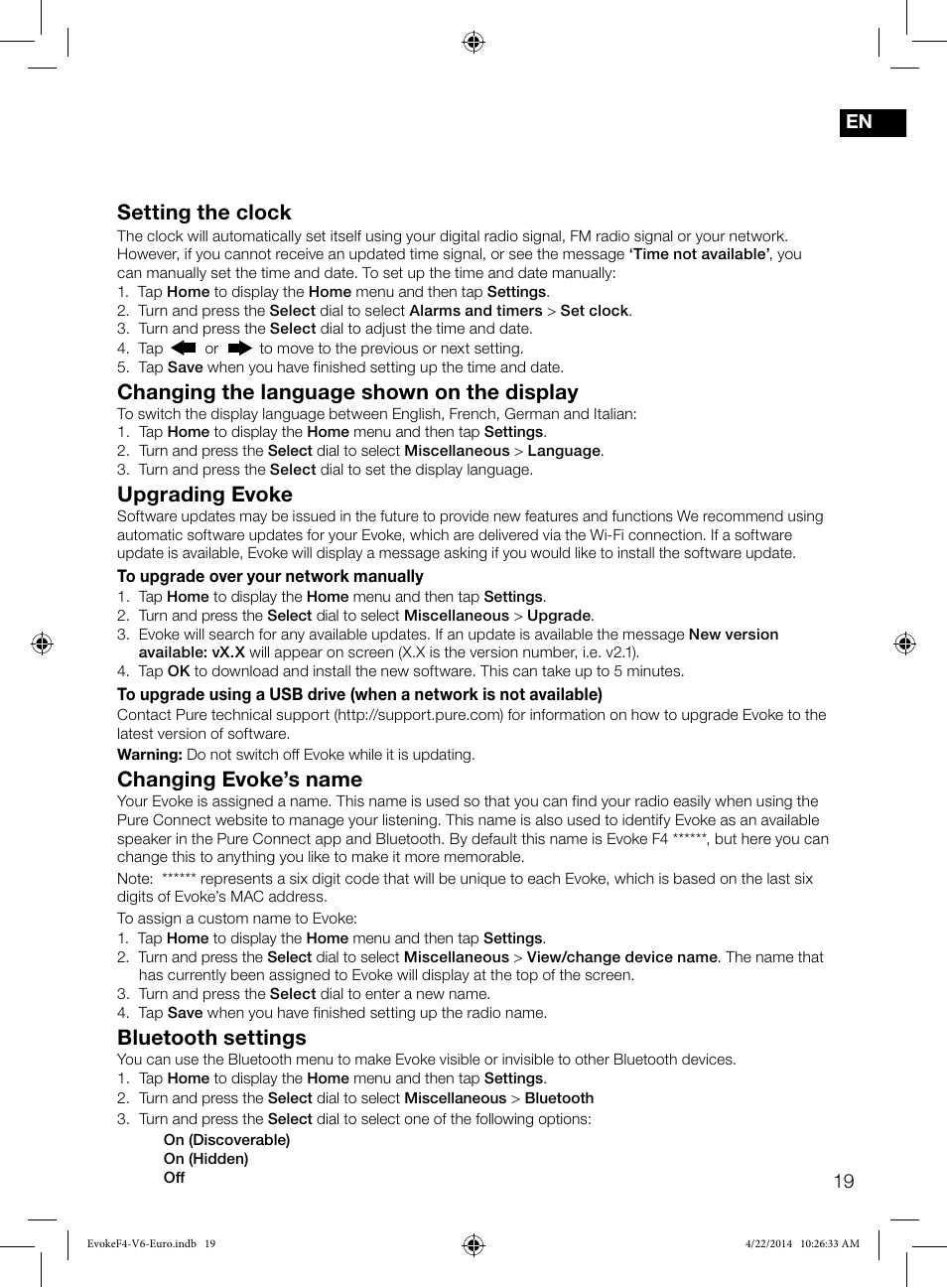 Setting the clock, Changing the language shown on the display, Upgrading evoke | Changing evoke’s name, Bluetooth settings | Pure Evoke F4 with Bluetooth User Manual | Page 21 / 164