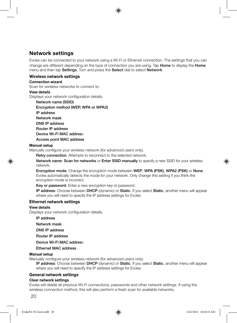 Network settings | Pure Evoke F4 with Bluetooth User Manual | Page 22 / 164