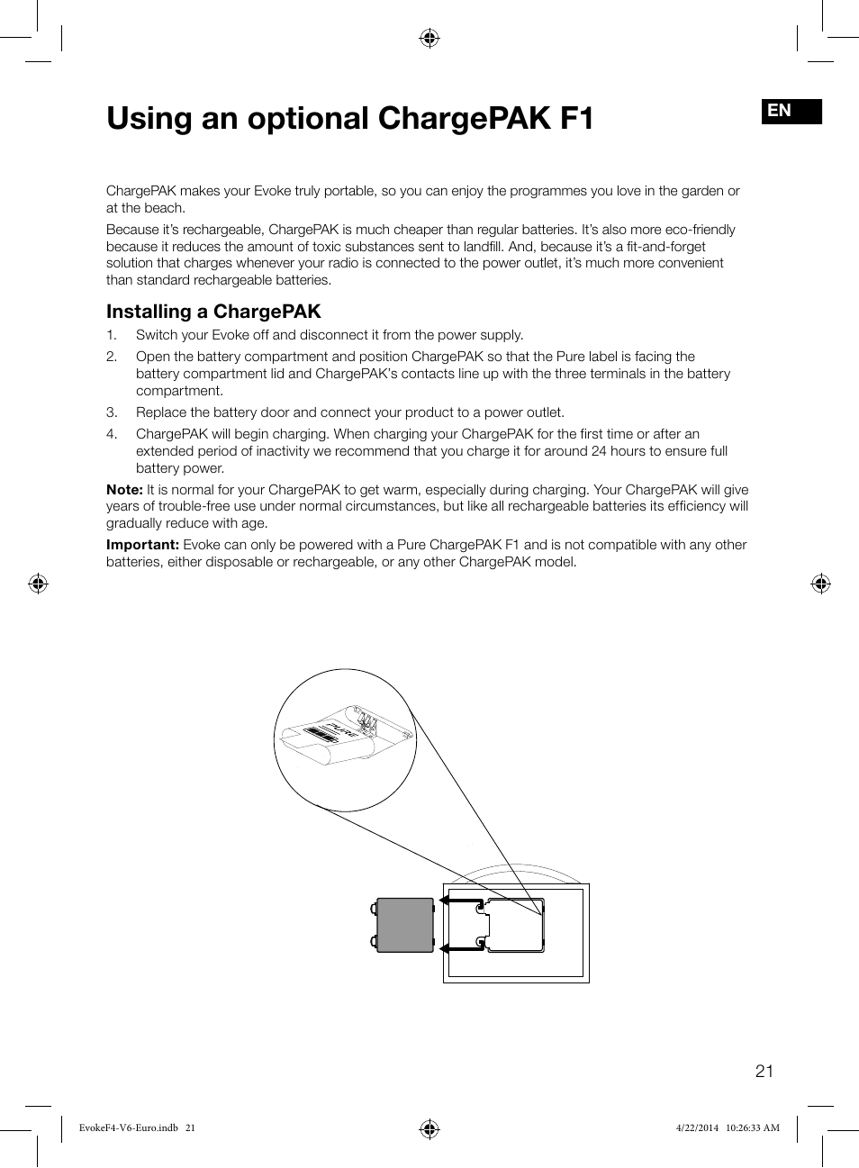 Using an optional chargepak f1, Installing a chargepak | Pure Evoke F4 with Bluetooth User Manual | Page 23 / 164