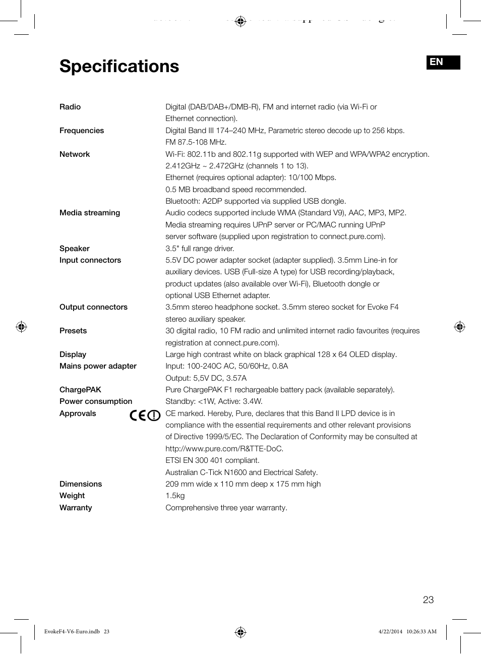 Specifications | Pure Evoke F4 with Bluetooth User Manual | Page 25 / 164