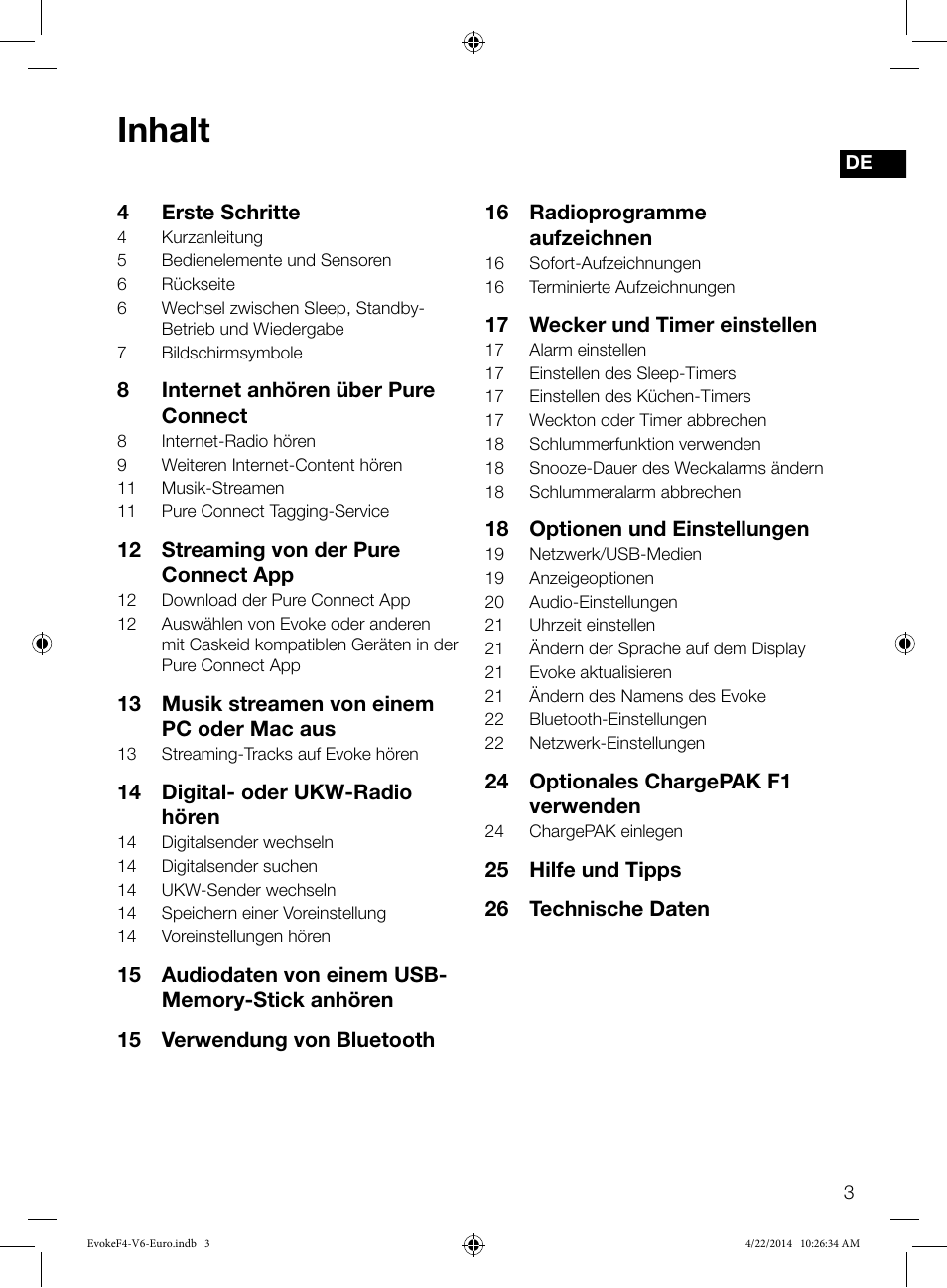 Inhalt | Pure Evoke F4 with Bluetooth User Manual | Page 29 / 164