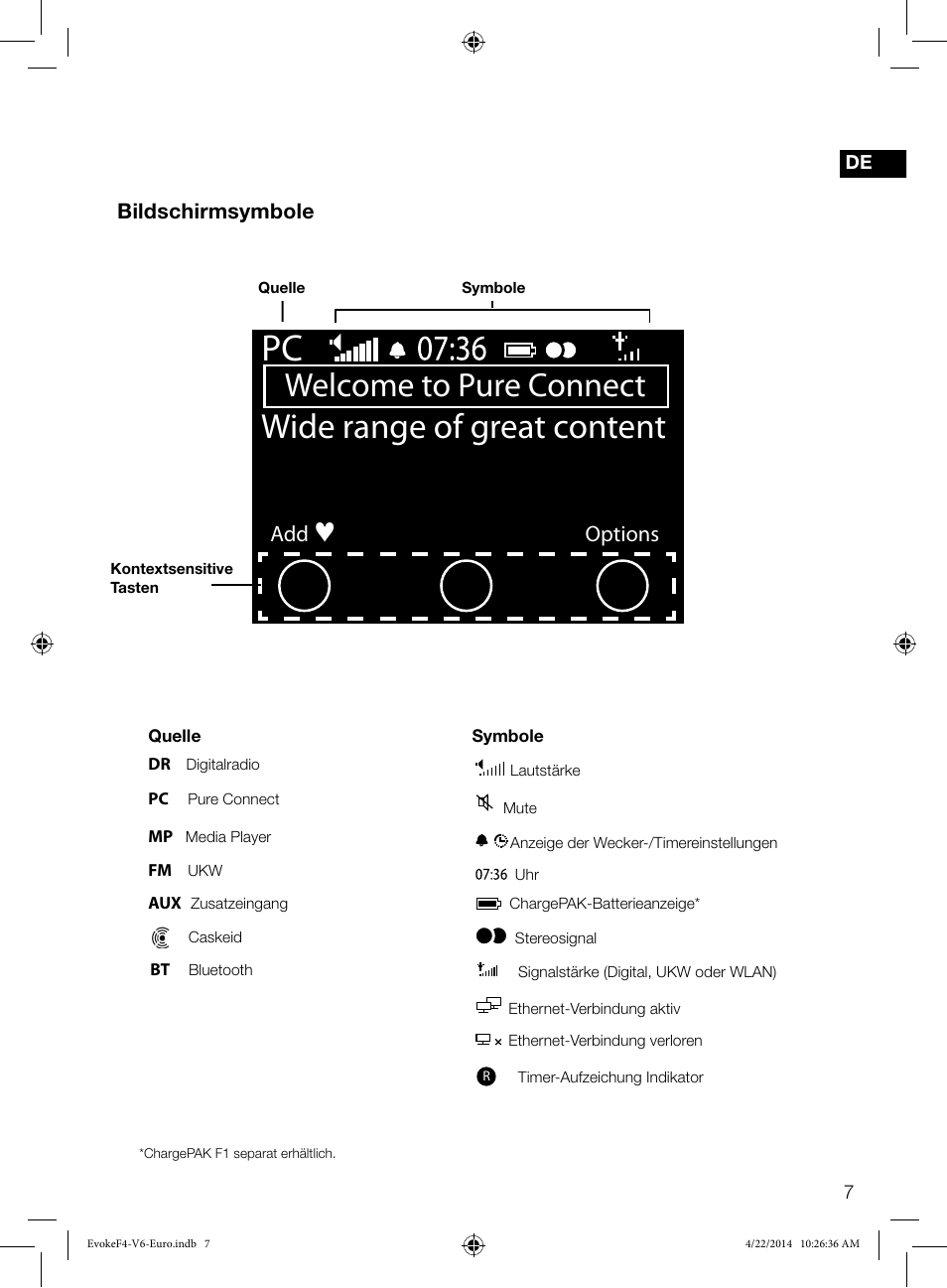 Wide range of great content, Welcome to pure connect, Options | Pure Evoke F4 with Bluetooth User Manual | Page 33 / 164