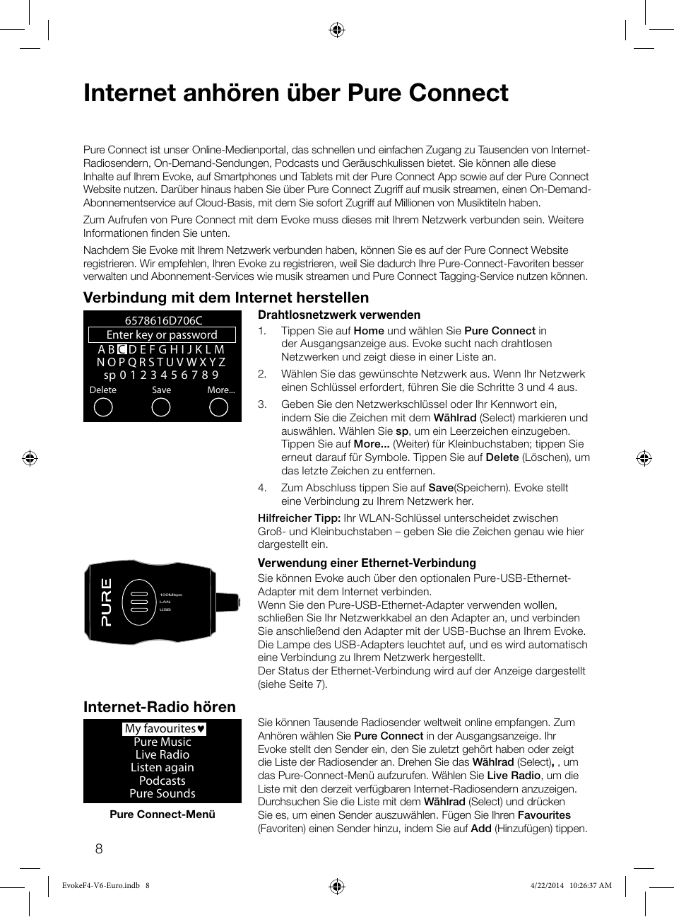 Internet anhören über pure connect, Verbindung mit dem internet herstellen, Internet-radio hören | Pure Evoke F4 with Bluetooth User Manual | Page 34 / 164