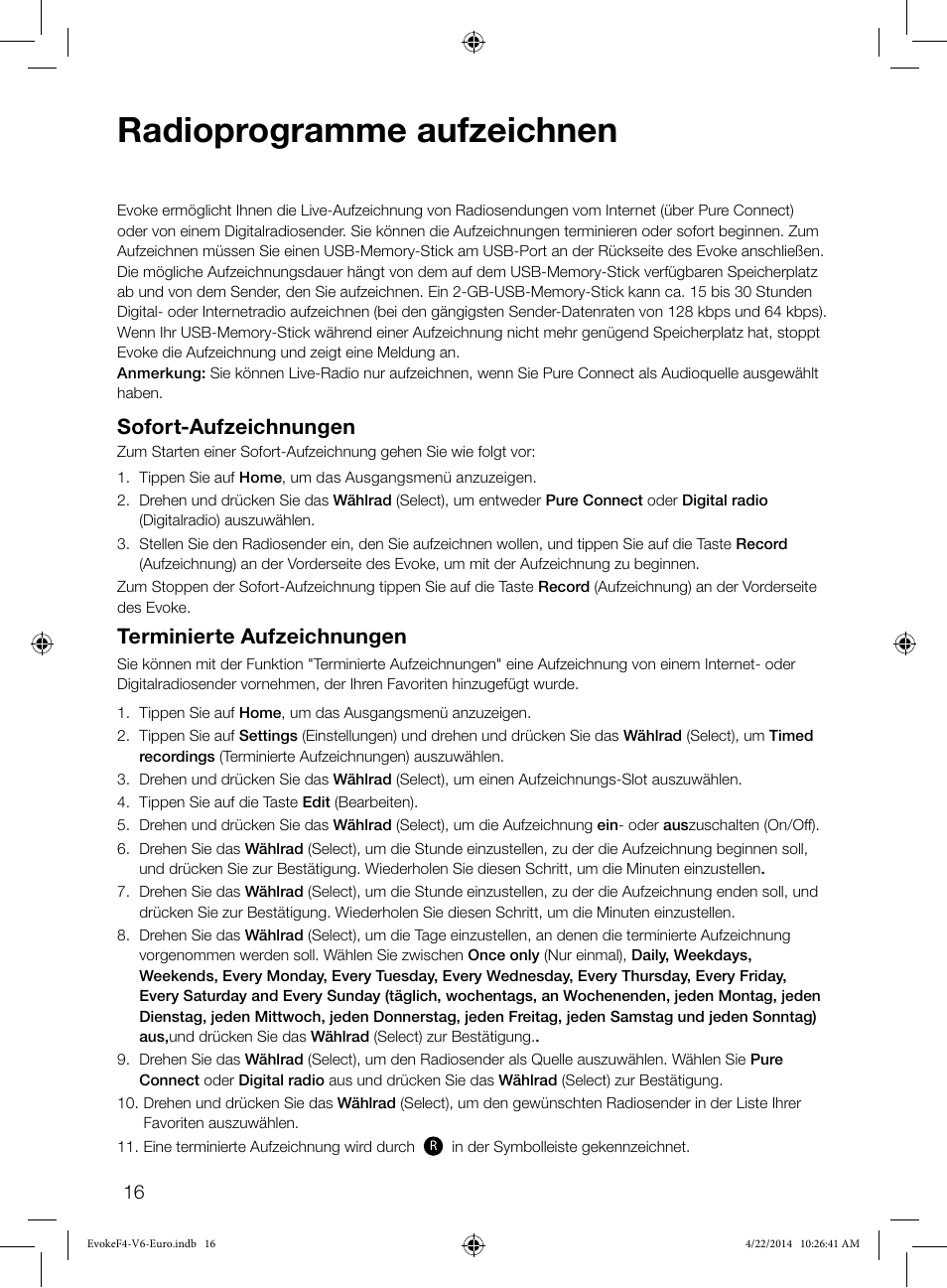 Radioprogramme aufzeichnen, Sofort-aufzeichnungen, Terminierte aufzeichnungen | Pure Evoke F4 with Bluetooth User Manual | Page 42 / 164