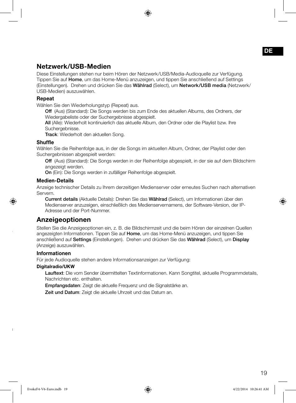 Pure-connect-einstellungen, Autotune, Ukw-einstellungen | Netzwerk/usb-medien, Anzeigeoptionen | Pure Evoke F4 with Bluetooth User Manual | Page 45 / 164